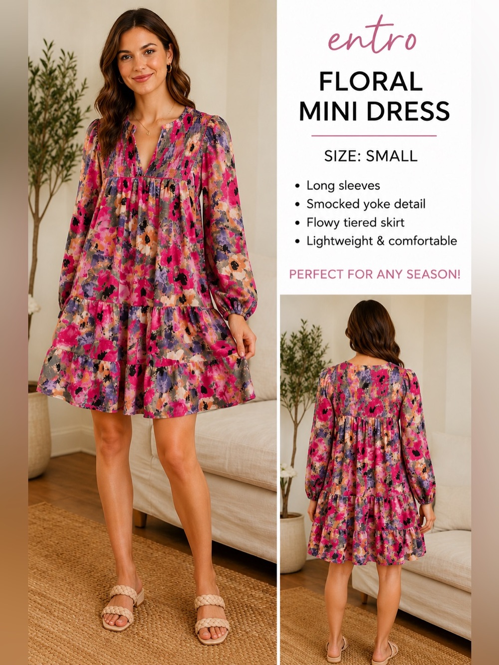 Women’s Entro Small Floral Tiered Dress in Pink and Purple